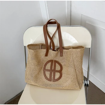 Слама Отворена вязаная чанта-тоут, Голяма чанта голям ръчно изработени дамски Дизайнерски ежедневни плажната чанта в етнически стил 2023