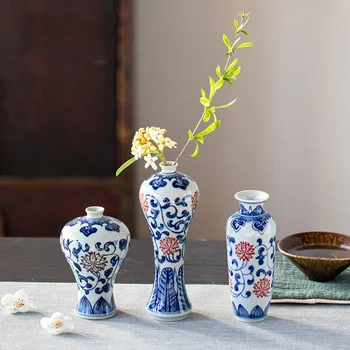 Цзиндэчжэнь, китайски стил, ретро, бяло и синьо порцелан, дзен, керамичен плот, малка ваза за цветя, декоративна ръчно рисувани
