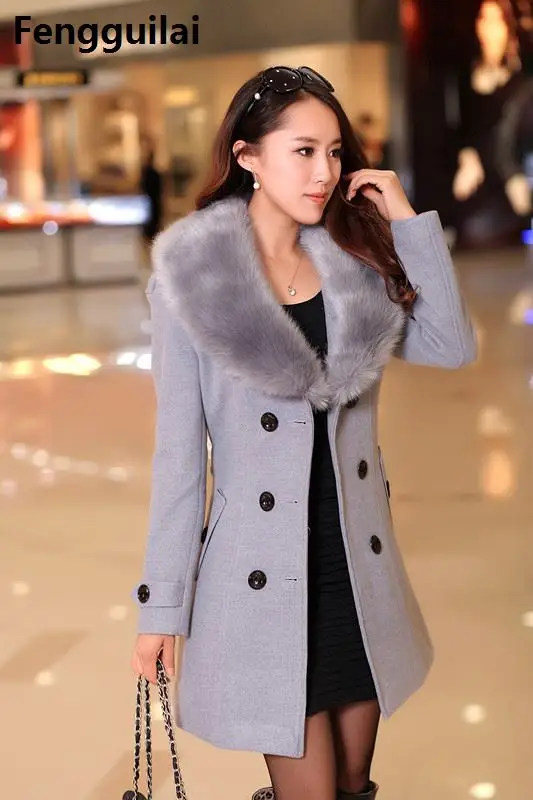 Зимна кожа яка Вълна палто Джоба Дебнещ Дамско елегантно палто в Корейски стил 5xl Изображение 0