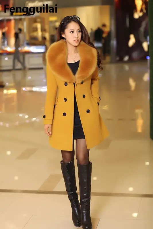 Зимна кожа яка Вълна палто Джоба Дебнещ Дамско елегантно палто в Корейски стил 5xl Изображение 2