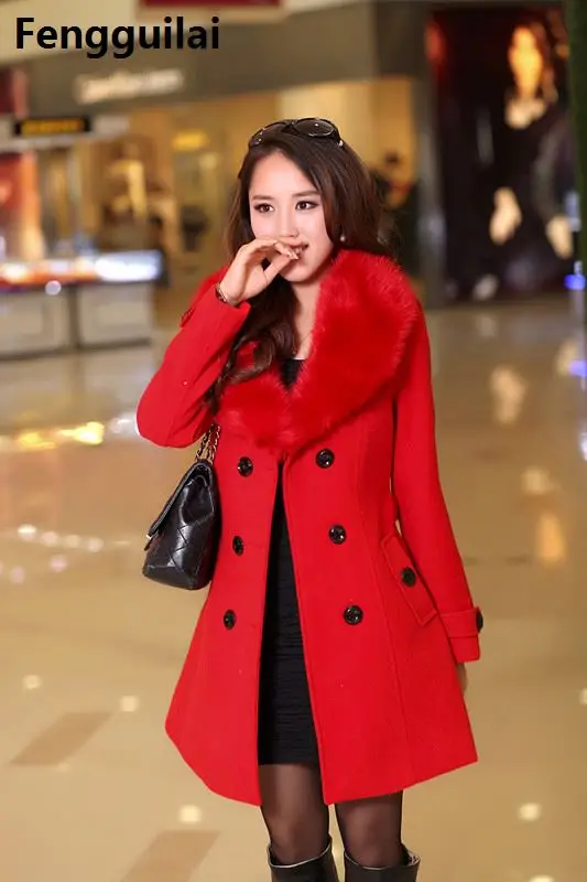 Зимна кожа яка Вълна палто Джоба Дебнещ Дамско елегантно палто в Корейски стил 5xl Изображение 3