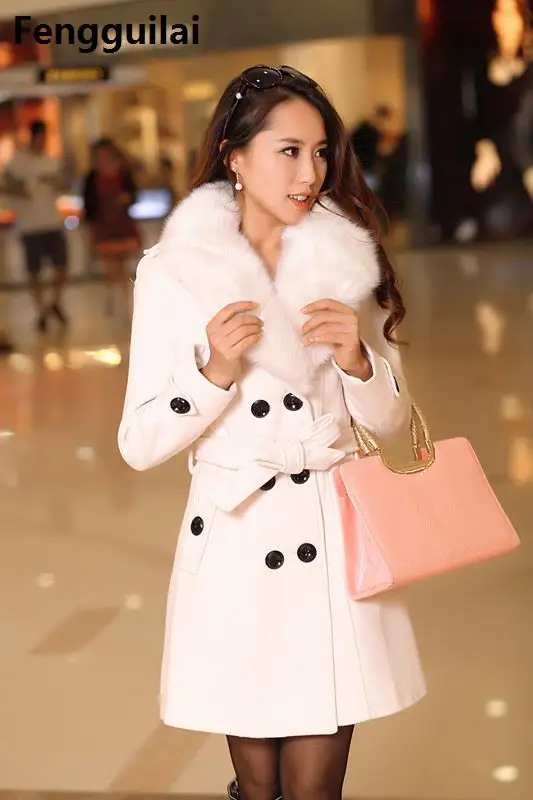 Зимна кожа яка Вълна палто Джоба Дебнещ Дамско елегантно палто в Корейски стил 5xl Изображение 4