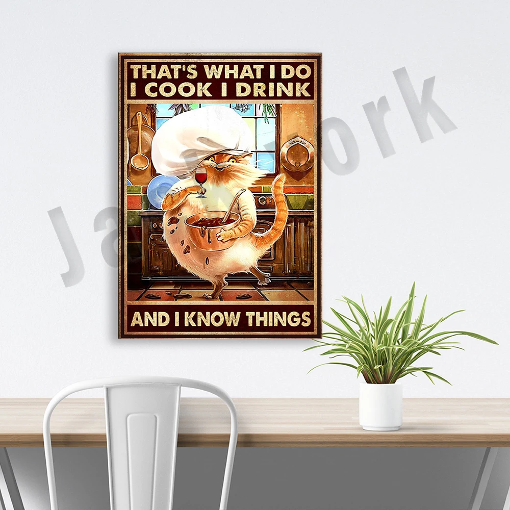 това е нещо, което аз правя, аз правя, аз пия, знам плакат, кулинарно плакат с котка, забавен принт с котка, обичам да готвя, боядисани стени кухни Изображение 1