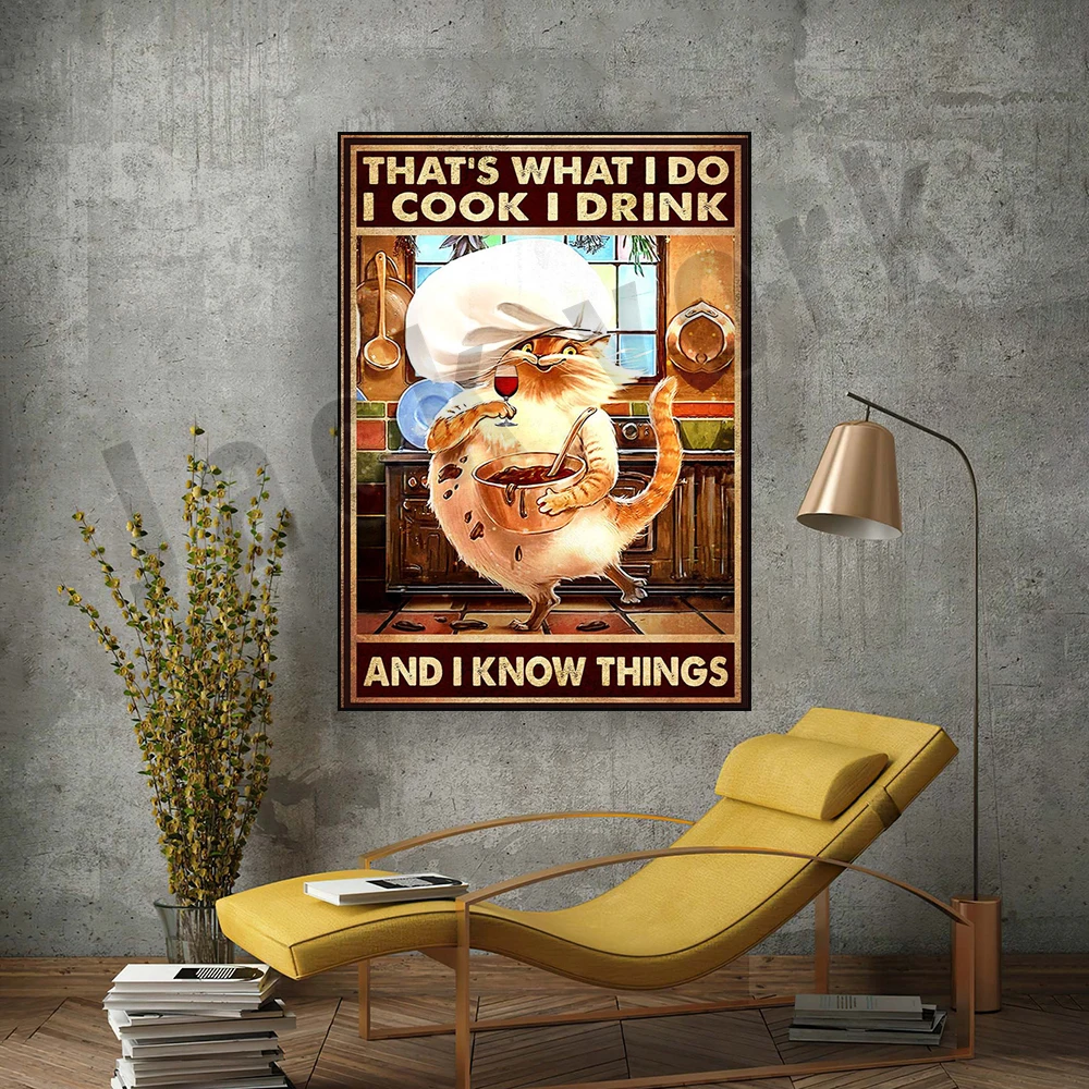 това е нещо, което аз правя, аз правя, аз пия, знам плакат, кулинарно плакат с котка, забавен принт с котка, обичам да готвя, боядисани стени кухни Изображение 2