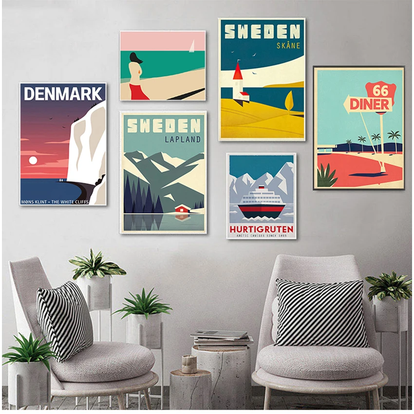 Швеция Дания Пътуване Ретро Постер На Стенно Изкуство Платно Живопис Скандинавските Картини И Щампи Начало Декор За Хола Изображение 1