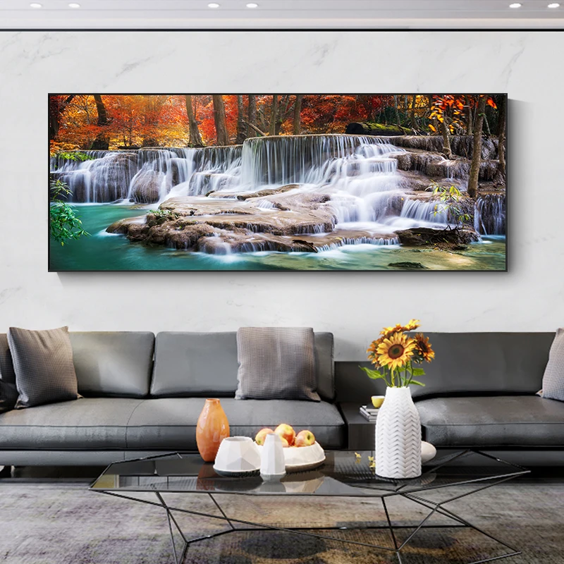 Голям размер Водопад Пъстра Есенна гора Платно на Картина на Стената художествени пейзажи на Съвременни художествени плакати и щампи Интериор дневна Изображение 0