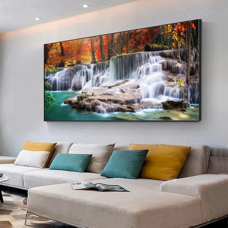 Голям размер Водопад Пъстра Есенна гора Платно на Картина на Стената художествени пейзажи на Съвременни художествени плакати и щампи Интериор дневна Изображение 1