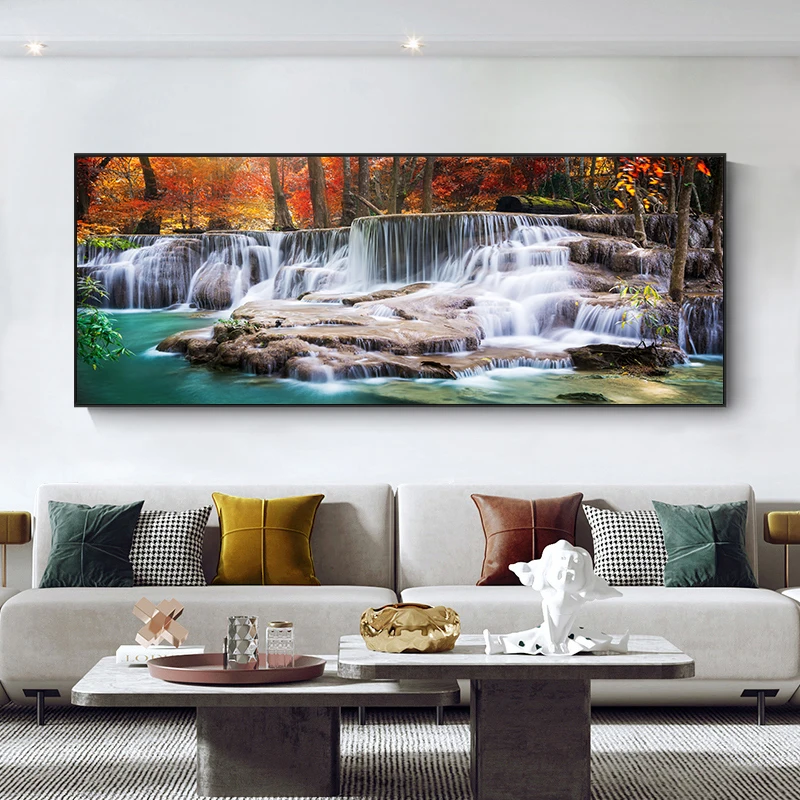 Голям размер Водопад Пъстра Есенна гора Платно на Картина на Стената художествени пейзажи на Съвременни художествени плакати и щампи Интериор дневна Изображение 2