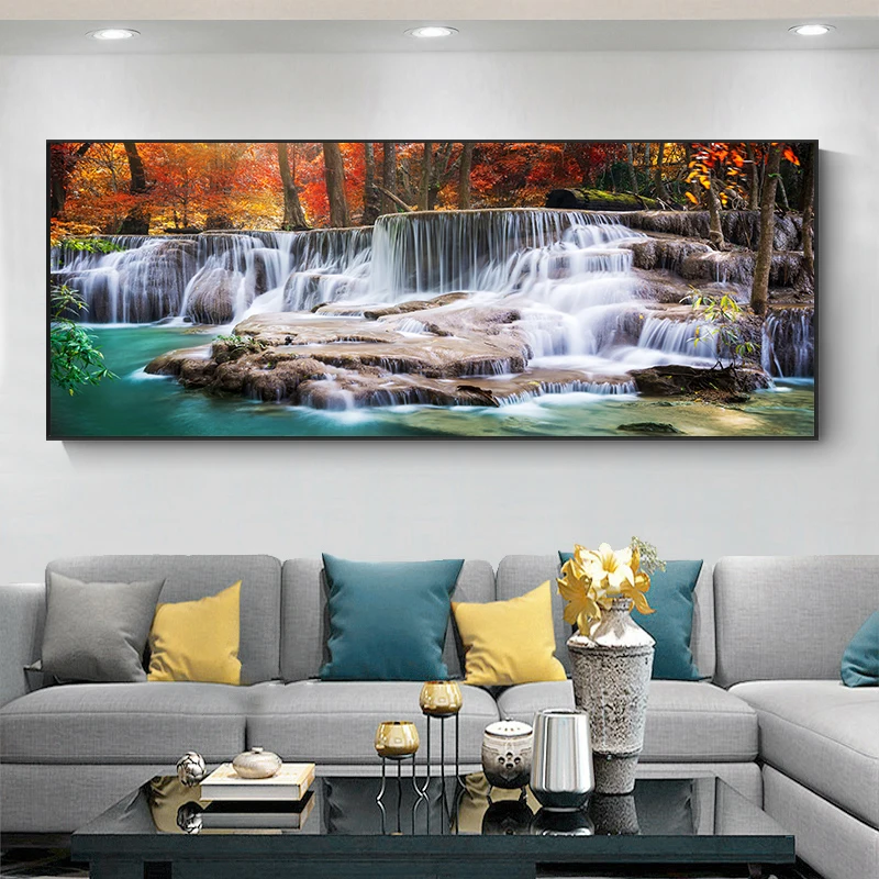 Голям размер Водопад Пъстра Есенна гора Платно на Картина на Стената художествени пейзажи на Съвременни художествени плакати и щампи Интериор дневна Изображение 3