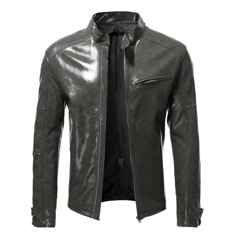 Мъжки дрехи 2023, мъжки модни кожено яке, приталенная яке от изкуствена кожа с висока яка, мъжки ветроупорен мотоциклетни якета с цип, мъжки Изображение 2