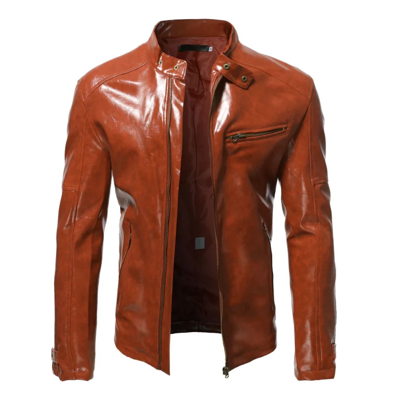 Мъжки дрехи 2023, мъжки модни кожено яке, приталенная яке от изкуствена кожа с висока яка, мъжки ветроупорен мотоциклетни якета с цип, мъжки Изображение 3