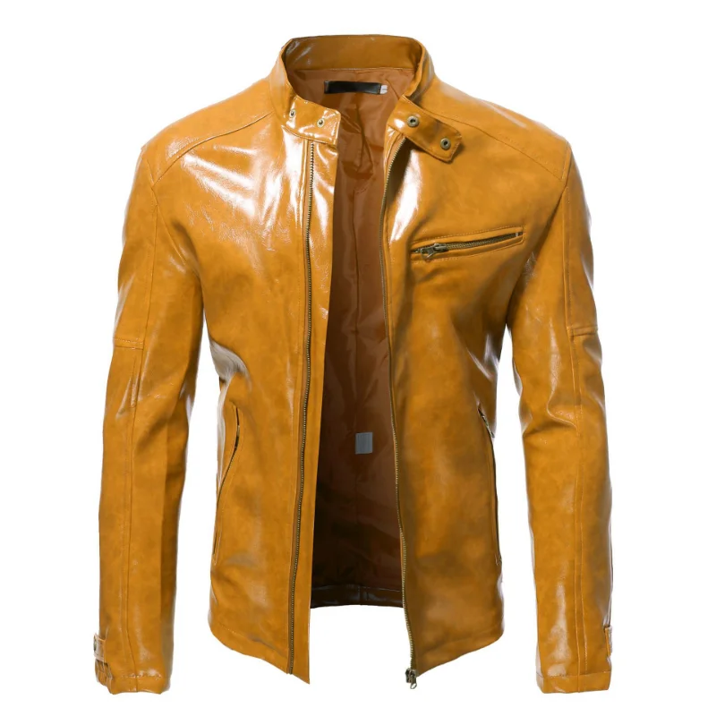 Мъжки дрехи 2023, мъжки модни кожено яке, приталенная яке от изкуствена кожа с висока яка, мъжки ветроупорен мотоциклетни якета с цип, мъжки Изображение 4