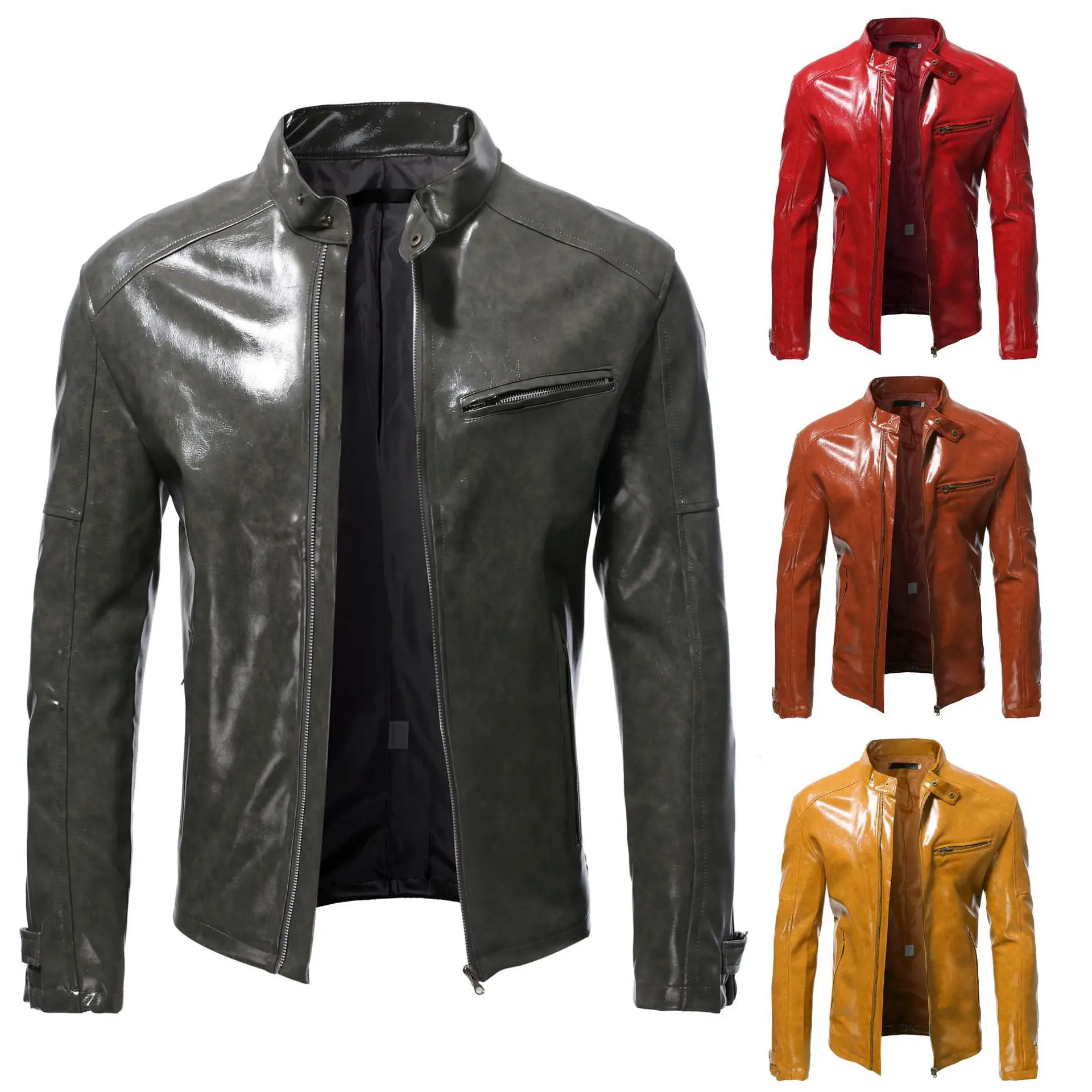 Мъжки дрехи 2023, мъжки модни кожено яке, приталенная яке от изкуствена кожа с висока яка, мъжки ветроупорен мотоциклетни якета с цип, мъжки Изображение 5
