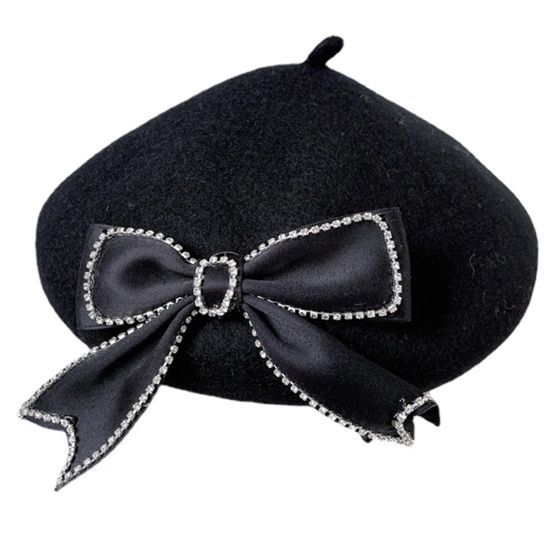 Модерна зимна черна шапка-бини с лък на ленти, топла шапка на художник за есен-зима Изображение 0