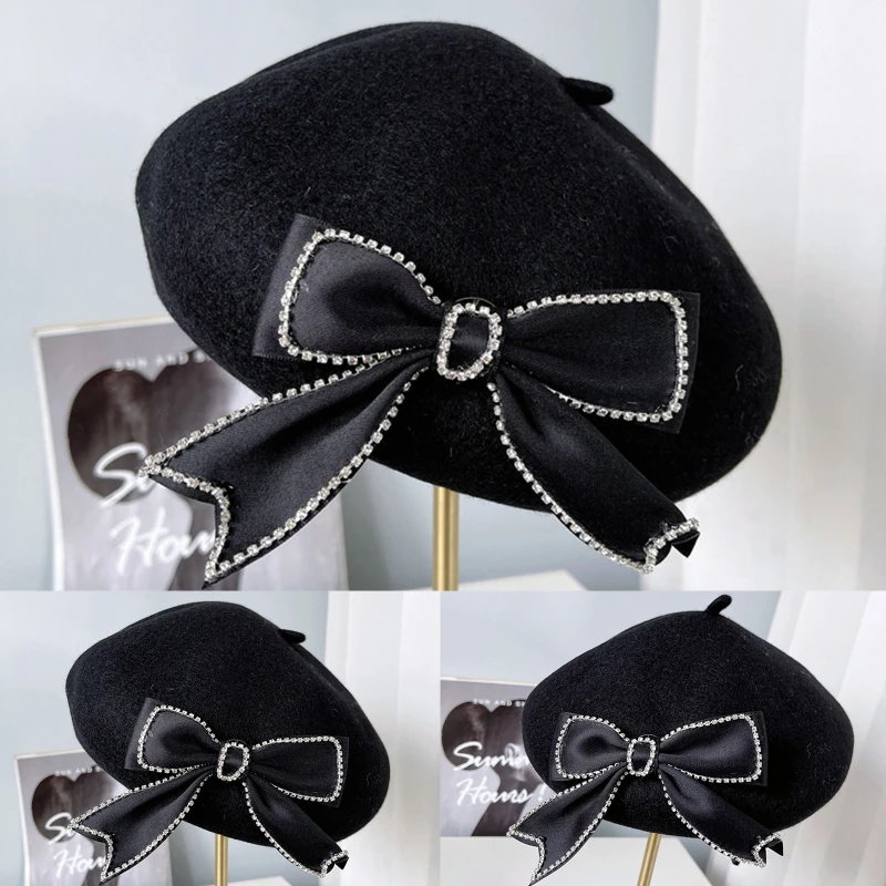 Модерна зимна черна шапка-бини с лък на ленти, топла шапка на художник за есен-зима Изображение 4