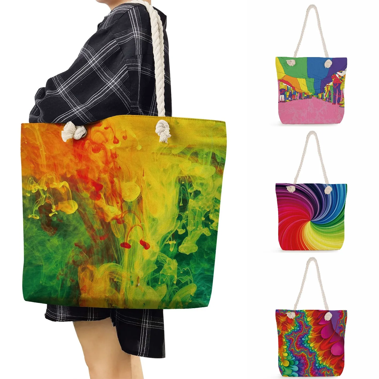 Акварел презрамка, с модерна дамска чанта, чанта за пазаруване с голям капацитет, многоцветни чанти-тоутбаги за жени, дамски пътна чанта от дебелото въже. Изображение 0