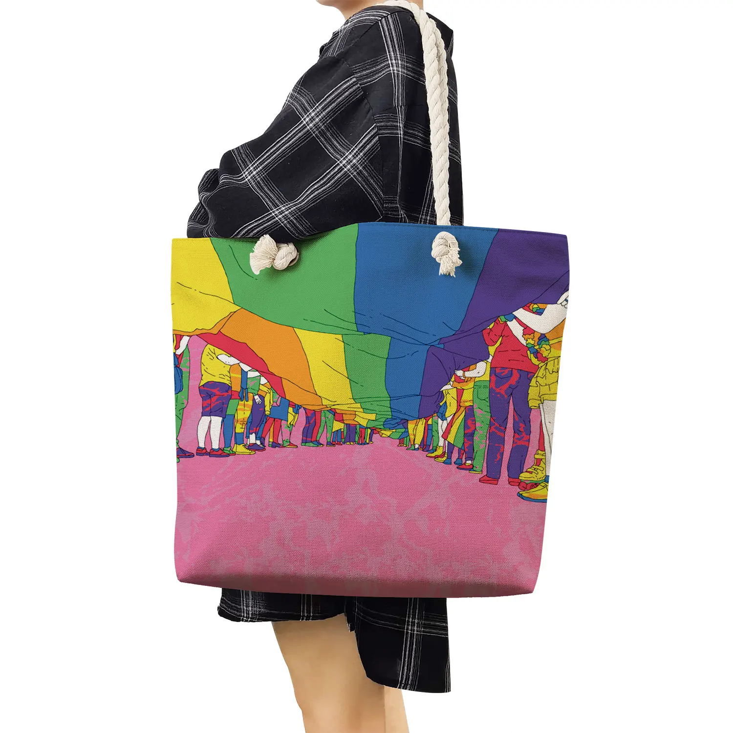 Акварел презрамка, с модерна дамска чанта, чанта за пазаруване с голям капацитет, многоцветни чанти-тоутбаги за жени, дамски пътна чанта от дебелото въже. Изображение 2