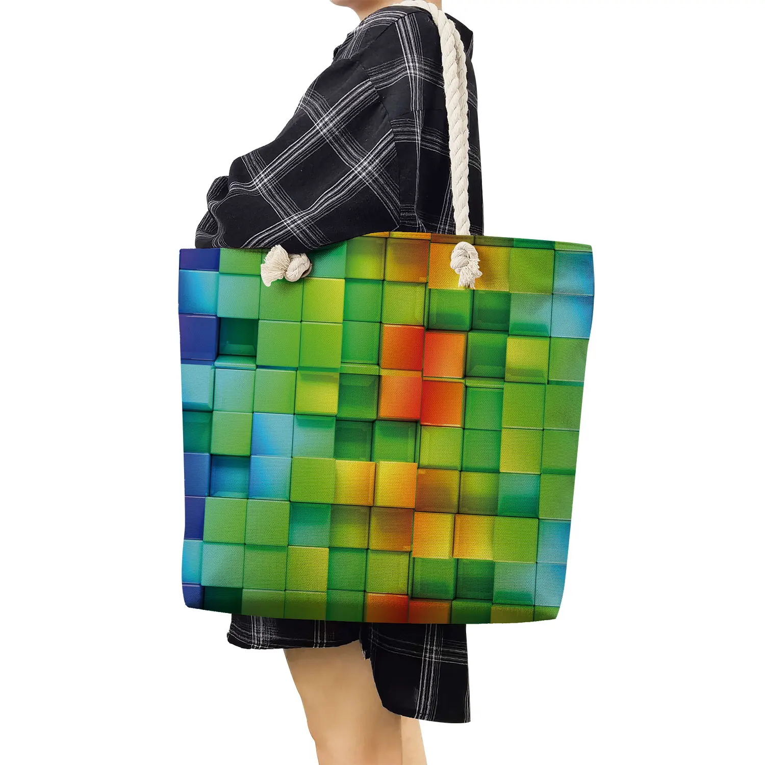 Акварел презрамка, с модерна дамска чанта, чанта за пазаруване с голям капацитет, многоцветни чанти-тоутбаги за жени, дамски пътна чанта от дебелото въже. Изображение 3