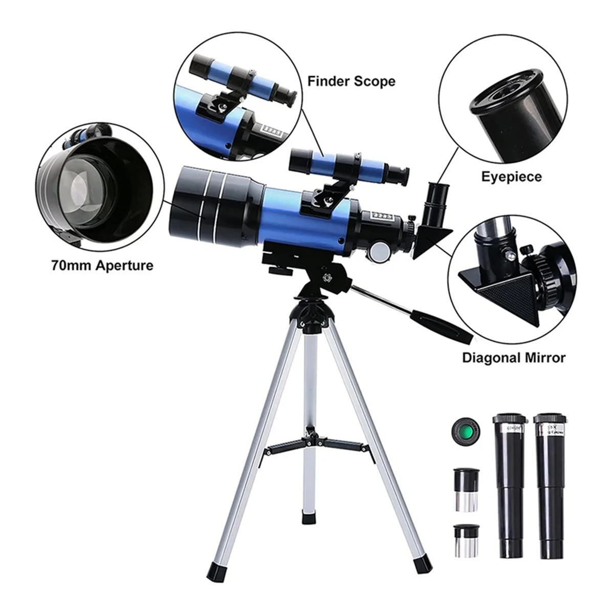 Най-добрият телескоп за възрастни и деца, Преносими Рефракторные телескопи с отвор 70 мм (15X-150X) за начинаещи, Произведено Телескоп 300 мм Изображение 1