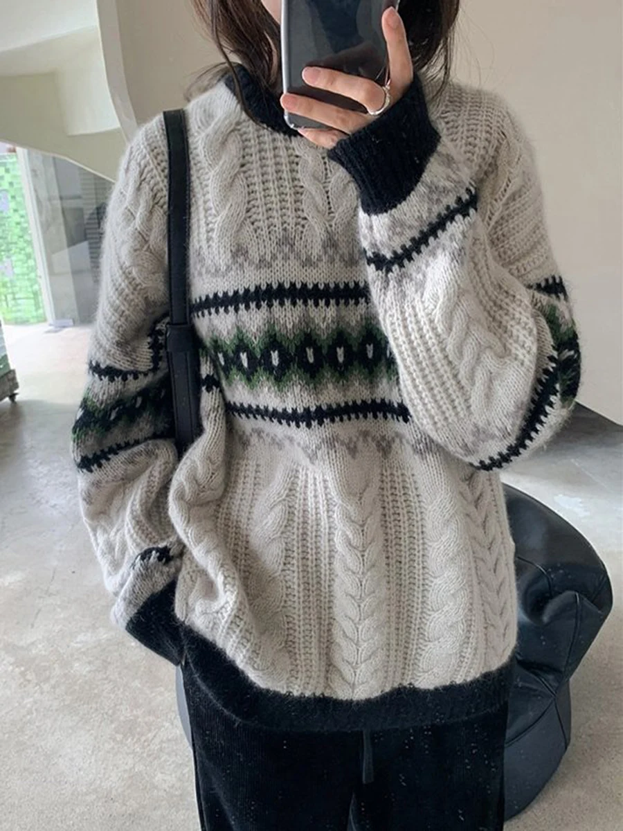 Жена Ретро пуловер Фея Гръндж с дълъг ръкав и кръгло деколте, Вязаный пуловер свободно, намаляване, върхове за зимата Изображение 3