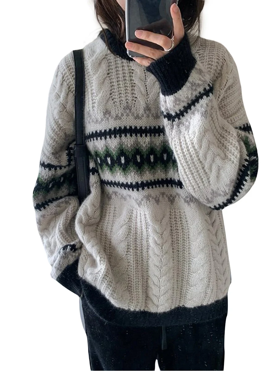 Жена Ретро пуловер Фея Гръндж с дълъг ръкав и кръгло деколте, Вязаный пуловер свободно, намаляване, върхове за зимата Изображение 4
