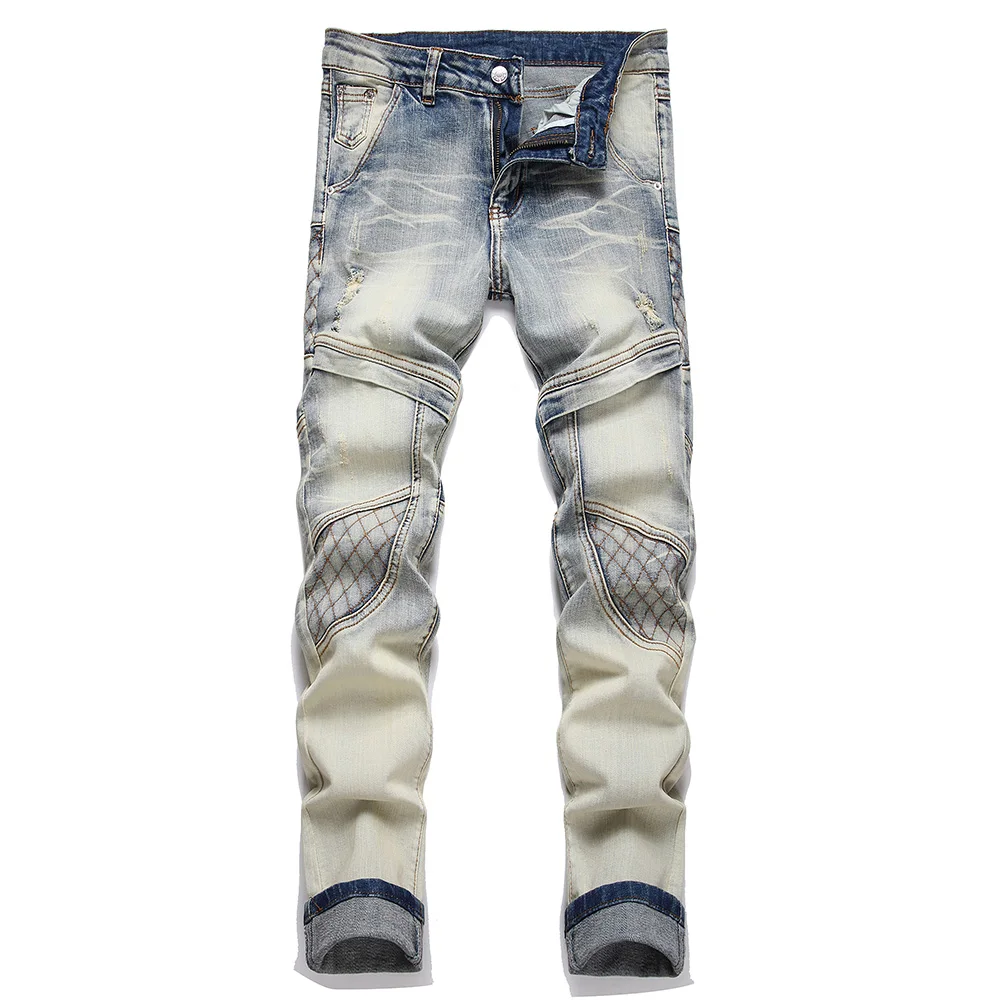 Мъжки реколта сини дънки в байкерском стил, стрейчевые панталони в стил мозайка с бродерия, скъсаните тънки зауженные панталони Изображение 0