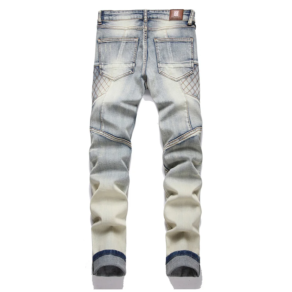 Мъжки реколта сини дънки в байкерском стил, стрейчевые панталони в стил мозайка с бродерия, скъсаните тънки зауженные панталони Изображение 1