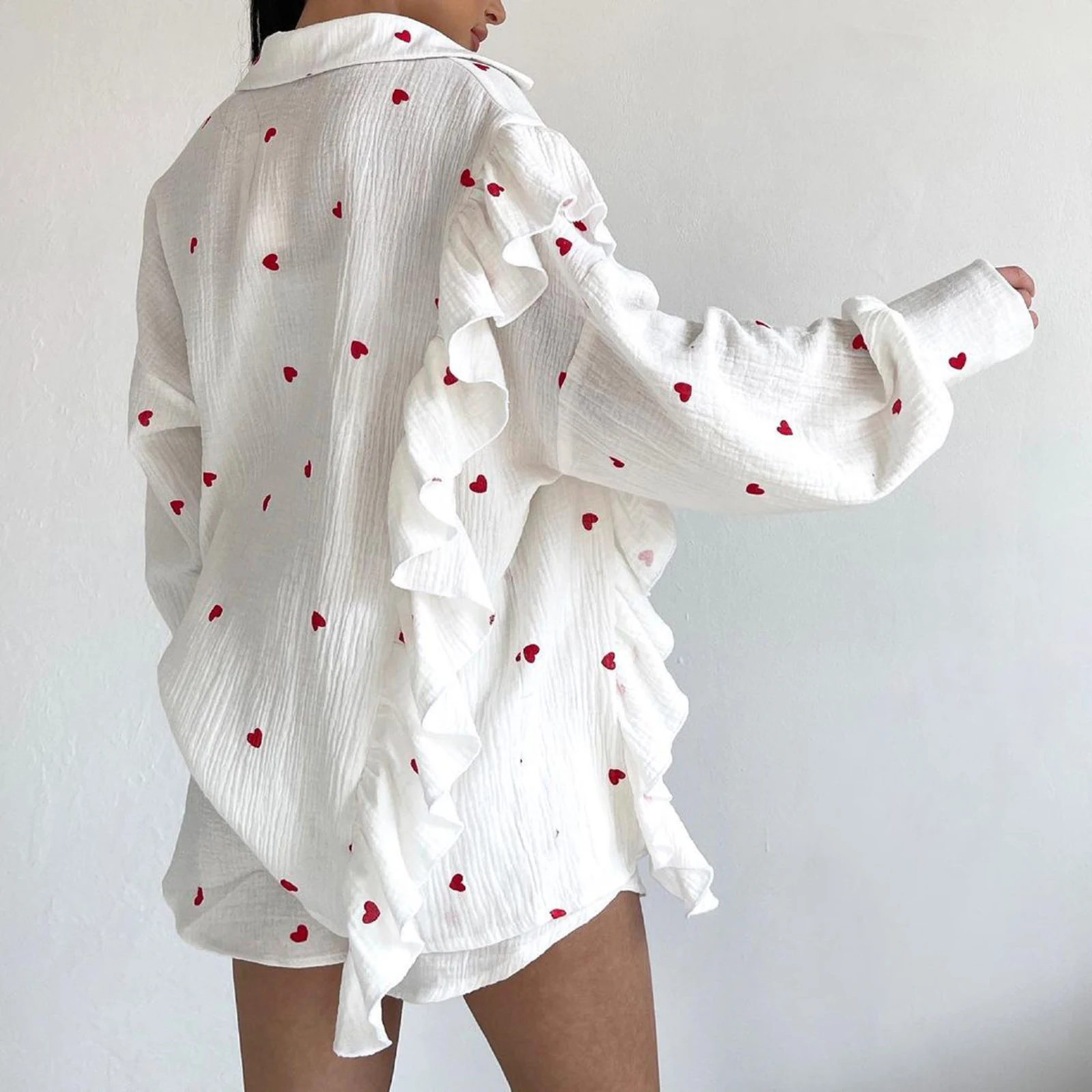 Жена комплект летни дрехи за почивка Y2k от две части, риза с дълги ръкави и копчета под формата на сърца + гащета с еластичен колан, градинска облекло Изображение 5